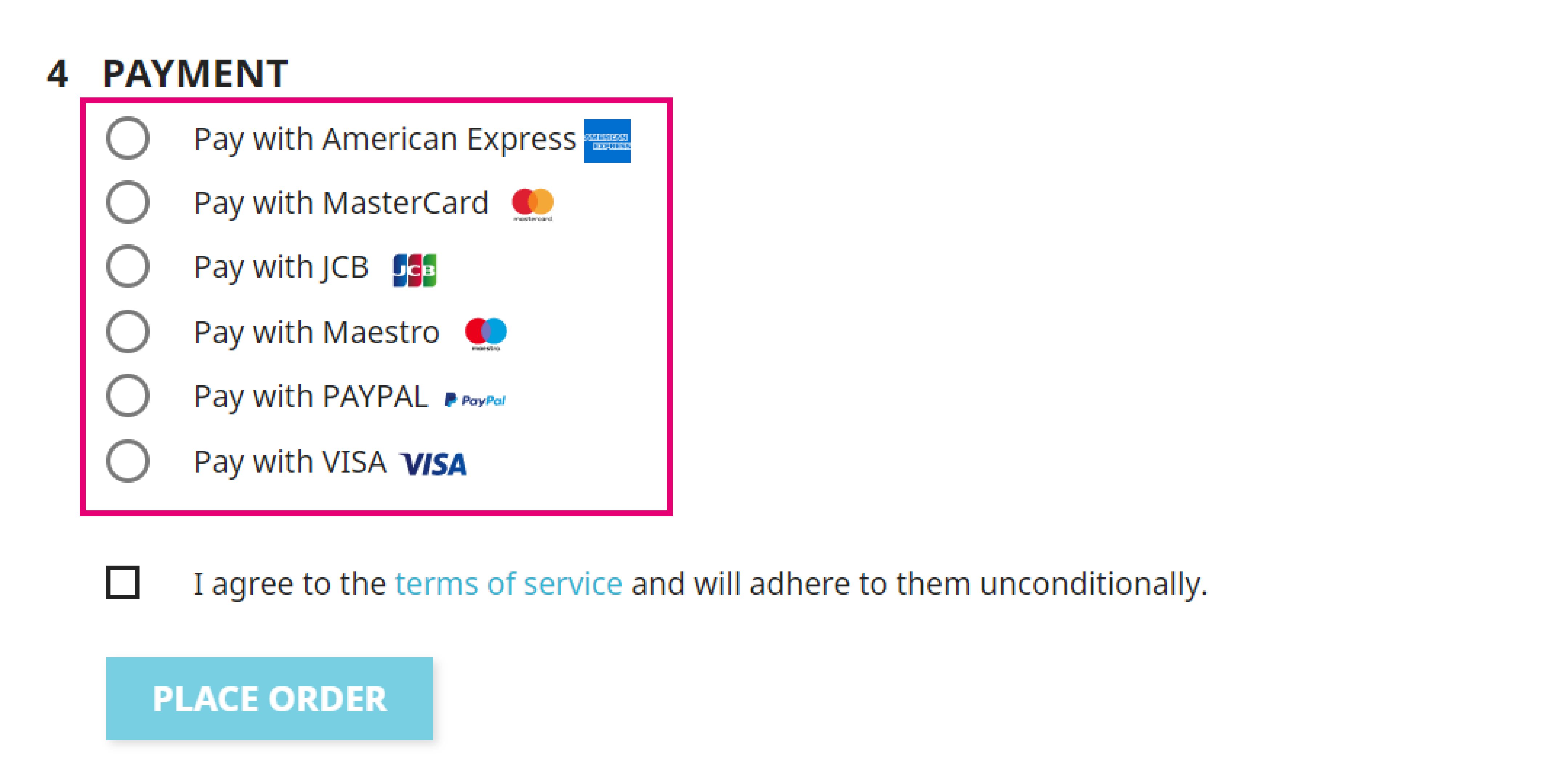 Dieses Bild zeigt das Layout der Check-out-Seite von PrestaShop, wenn „Wahl der Zahlungsart vor Umleitung“ auf JA eingestellt ist.