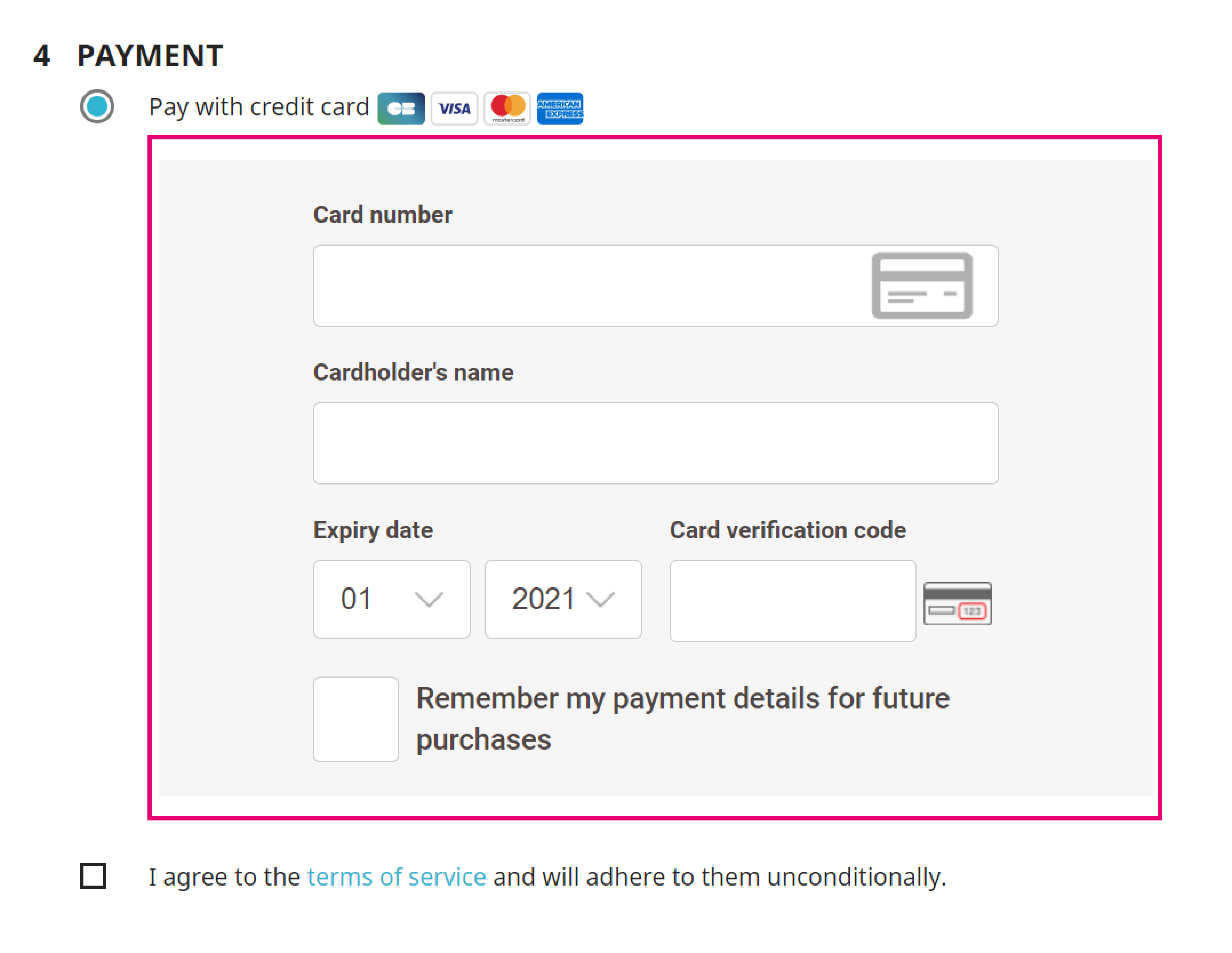 Dieses Bild zeigt das Layout, wenn „Kartenzahlung auf iframe akzeptieren“ auf JA eingestellt ist.